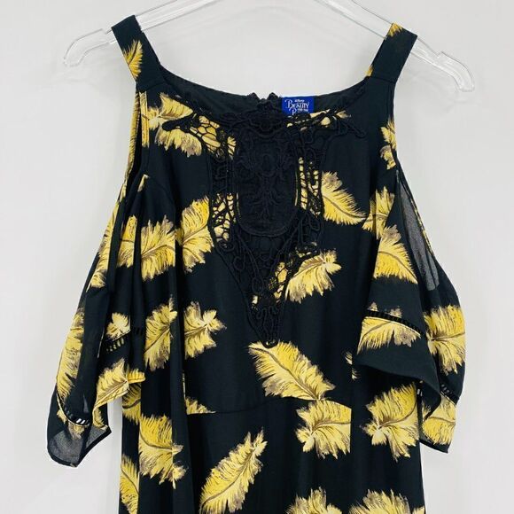 Disney Beauty and the Beast Large Black & Gold Feather Cold Shoulder Mini Dress - Picture 3 of 10
